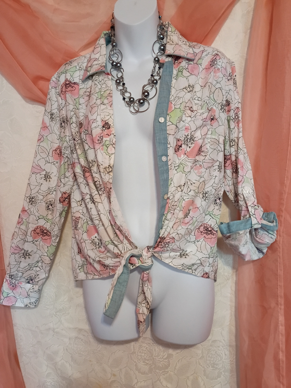 Style & Co. Ladies Pink Multi Floral Tie-Front Button Down Shirt Sz LP